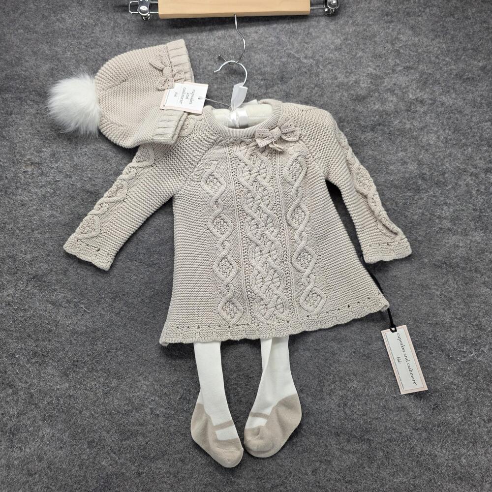 Cupcakes And Cashmere Dress Set Girls 3-6M Beige Knit Cable Hat Socks Pom Pom